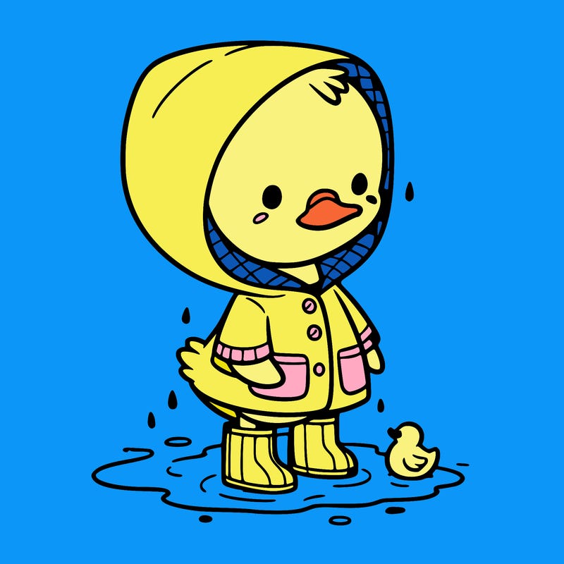 baby duck in a rain coat and boots, in a puddle while it’s raining