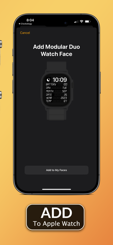 Schermata iPhone che mostra l'app Clockology con l'opzione Aggiungi quadrante modulare Duo per Apple Watch