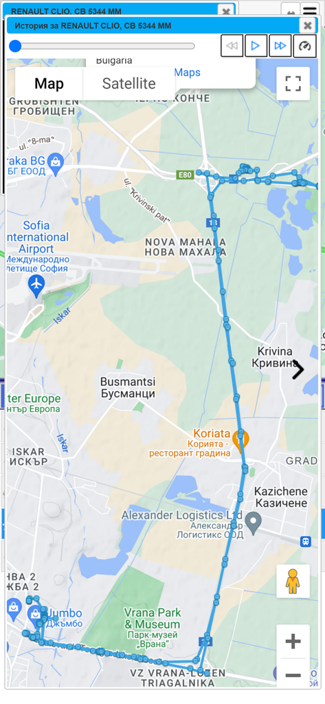 GPS Logistic - GPS Logistic app map interface showing a tracked vehicle route with playback controls and location history