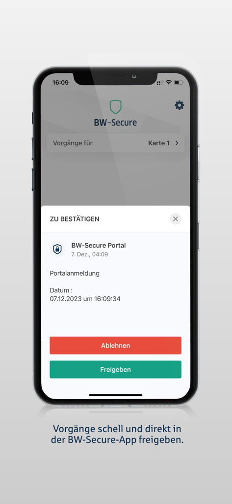 BW-Secure mobile app interface showing a portal login confirmation screen with green approve and red reject buttons