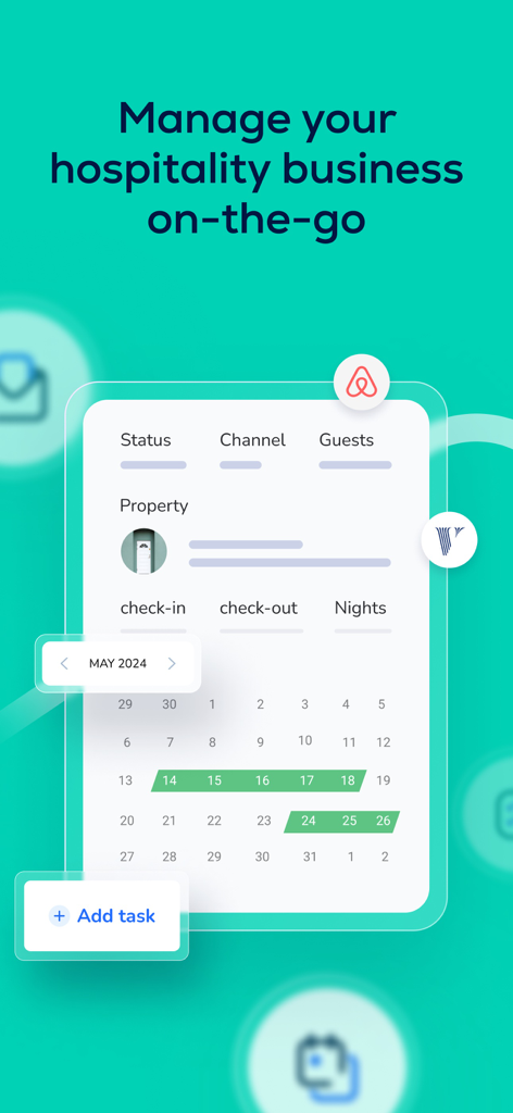 Guesty For Hosts app interface showing a unified calendar with Airbnb and Vrbo bookings on a mobile screen