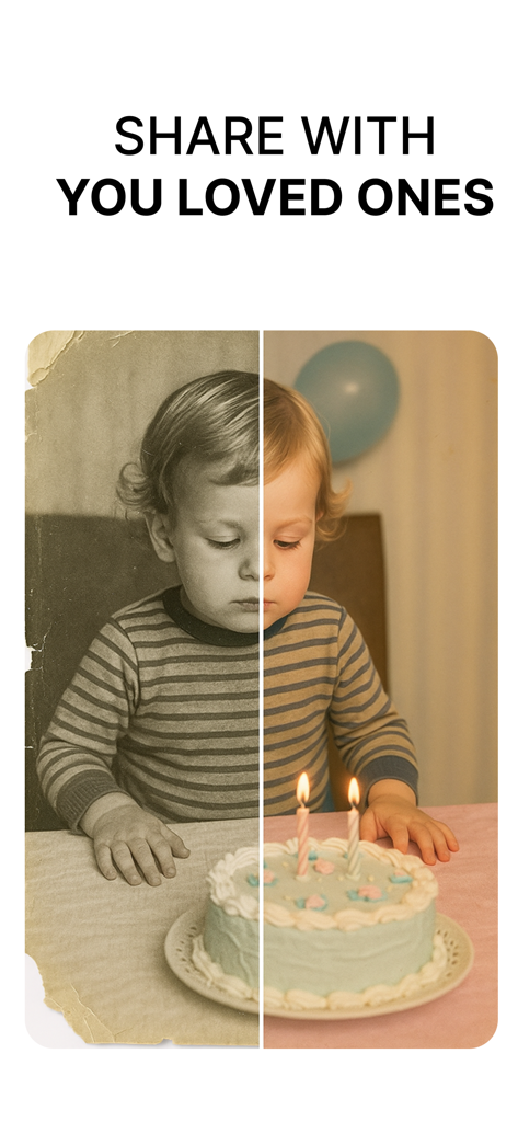 Remory: Colorize & Animate - A split screen showing a black and white photo of a child and a colorized version with a birthday cake.