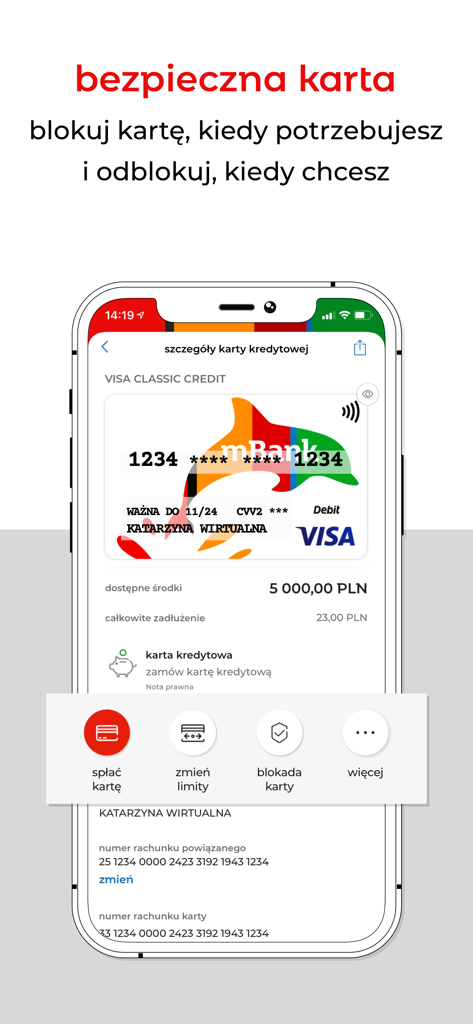 mBank PL - Twój bank i finanse - A mobile app screenshot of mBank PL displaying credit card security settings and card blocking features.
