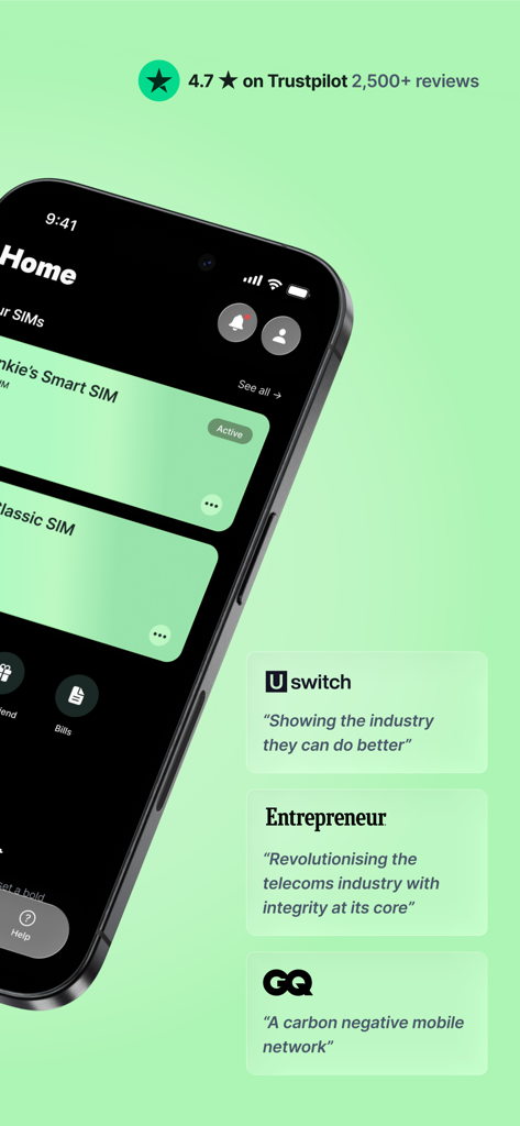 Honest Mobile app home screen showing Smart SIM options alongside positive reviews from Trustpilot, Uswitch, Entrepreneur, and GQ.