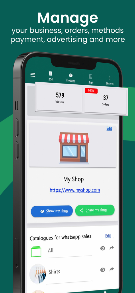 Catálogo Digital, Tienda y TPV - Painel de um aplicativo de catálogo digital mostrando visitantes, pedidos e ferramentas de gerenciamento de loja