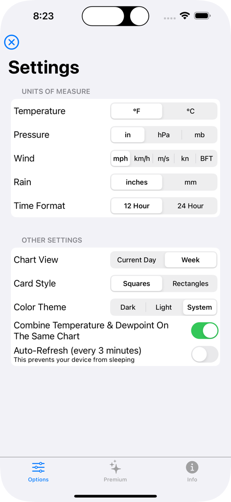 Settings screen of the PWS Monitor app showing customization options for units of measure and display preferences