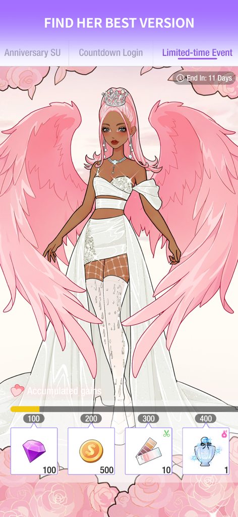 An avatar with pink wings and a white dress in a limited-time event screen of the SuitU app