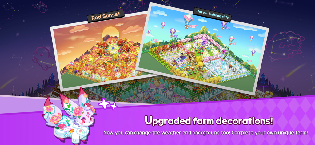 Two screenshots of Tiny Farm Remastered showing a red sunset theme and a hot air balloon ride theme with cute animals