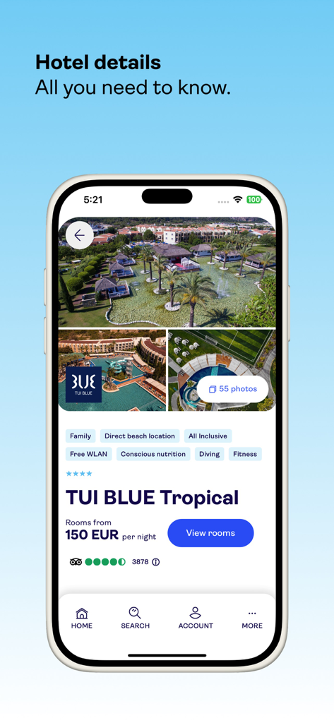 TUI amello - TUI amello app interface displaying detailed information and booking options for the TUI BLUE Tropical hotel.