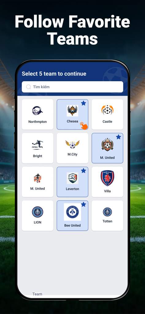 Football Live Score & Stats - A mobile interface for selecting favorite soccer teams with club logos and names.
