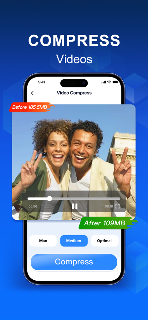AI Cleaner: Storage Cleaner - Interfaz de la aplicación AI Cleaner que demuestra la compresión de video de 185,5 MB a 109 MB en la pantalla de un iPhone