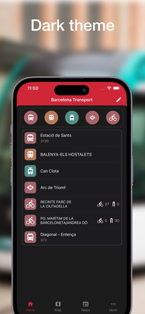 Barcelona Transports - Barcelona Transports app home screen in dark mode showing favorite bus metro and bike stations