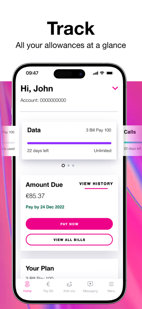 My3 app interface showing real-time mobile data usage and bill payment details
