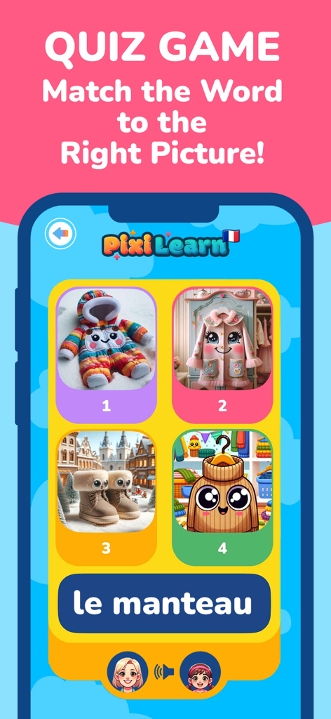 PixiLearn - French FlashCards - Pantalla del juego de preguntas de francés de PixiLearn que empareja la palabra 'le manteau' con la ilustración correcta de ropa