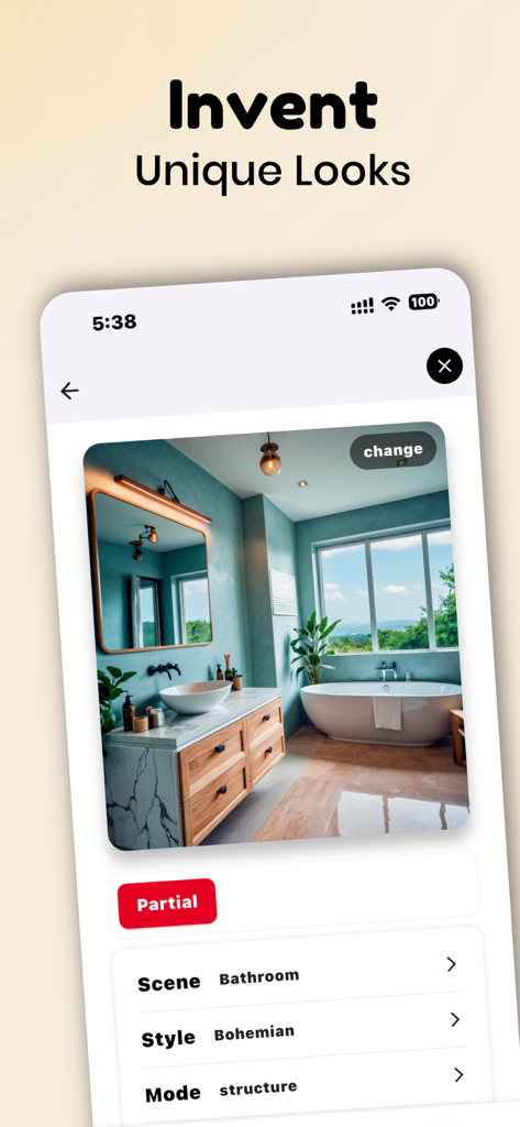 Decor Master-AI Home Design - Decor Master app interface showing a Bohemian style bathroom visualization with options for scene and style