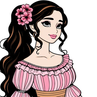 a single latina woman with a side ponytail and a long dress with ruffles. she has a few discreet flowers in her hair. realistic