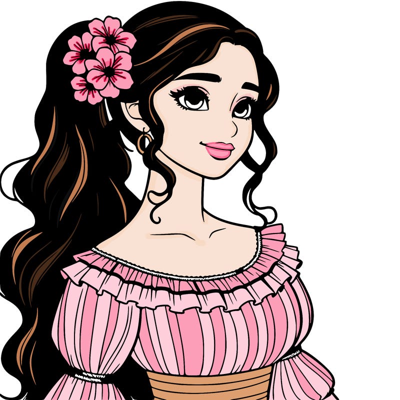 a single latina woman with a side ponytail and a long dress with ruffles. she has a few discreet flowers in her hair. realistic