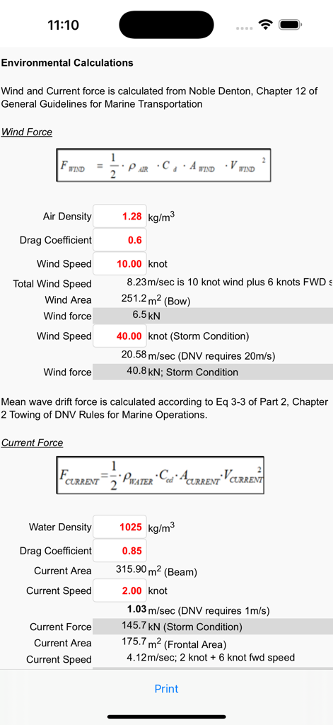 Tug kW Power - Schermata di calcolo ambientale dell'app Tug kW Power che mostra formule di forza del vento e della corrente e campi di input per l'ingegneria marittima.