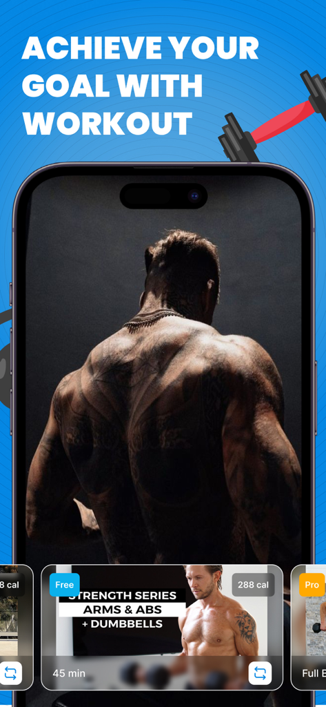 Home workout - muscle builder - Mobile app interface showing muscle building workout goals and strength training video tutorials