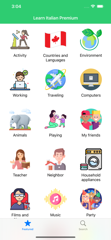 Learn Italian Phrases Premium - Interface of the Learn Italian Phrases Premium app displaying a grid of lesson topics including Traveling Music and Animals