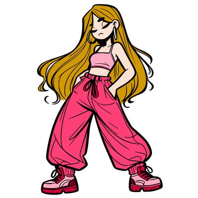 girl in baggy pants crop top and long hair