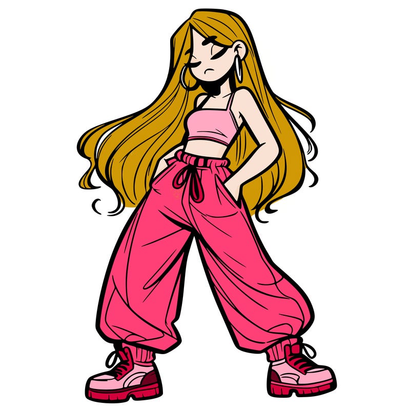 girl in baggy pants crop top and long hair