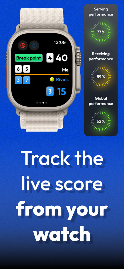 Apple Watch, die die Padelio-App-Oberfläche mit Live-Spielstandverfolgung und Match-Leistungsstatistiken anzeigt