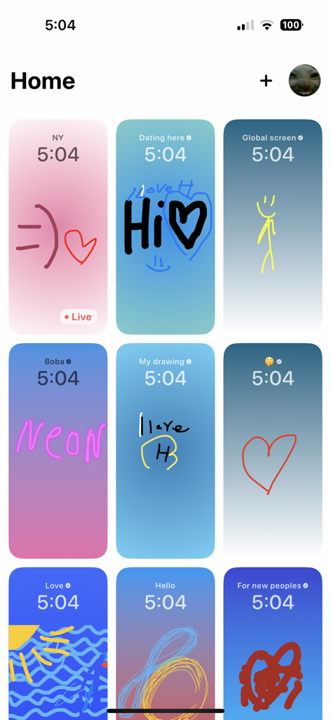 Widget.my - draw on homescreen - A grid of colorful home screen widgets featuring hand-drawn doodles and sketches shared between friends.