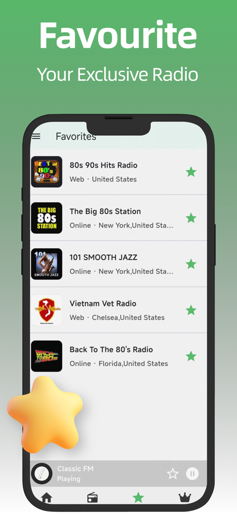 Screenshot of the Favorites section in the Radio FM app showing a list of saved radio stations