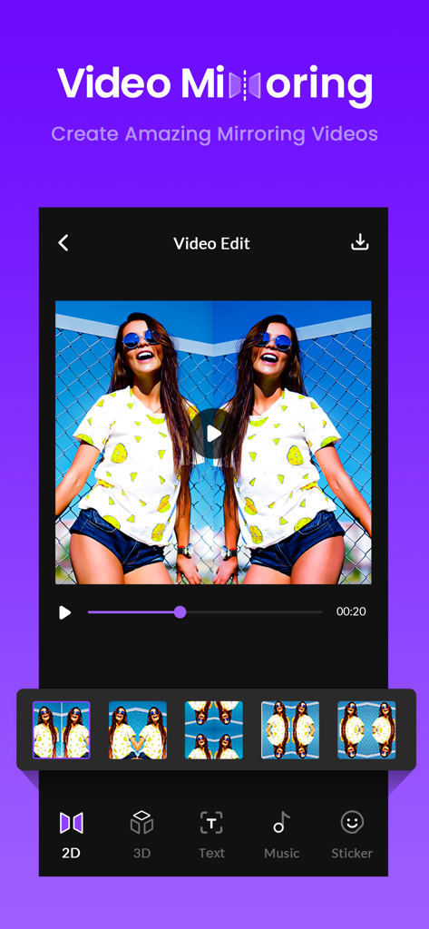 Mirror video editor - La interfaz de edición de vídeo de Mirror Video Editor mostrando un efecto de espejo 2D en un clip de vídeo.