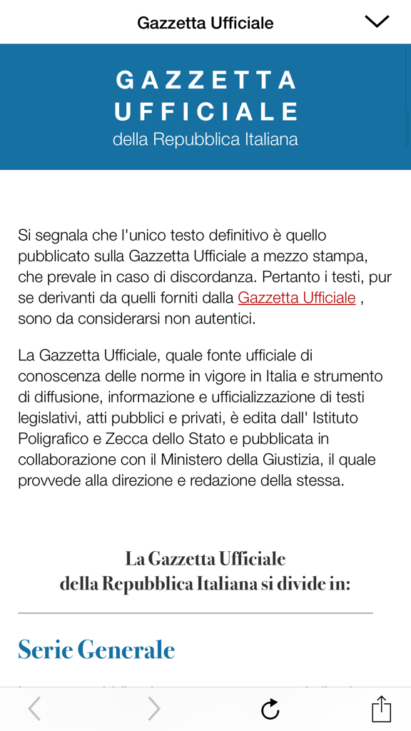 Gazzetta Ufficiale - 官報モバイルアプリのインターフェース。法律テキストと一般シリーズセクションが表示されています。