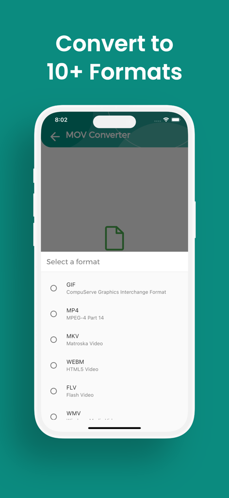 Tela de seleção de formato no aplicativo MOV Converter mostrando opções como MP4 e GIF.
