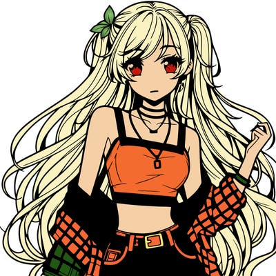 hot anime girl with long hair wearing a crop top and jorts