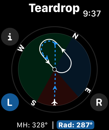 Apple Watch interface showing a teardrop holding pattern calculation for instrument pilots