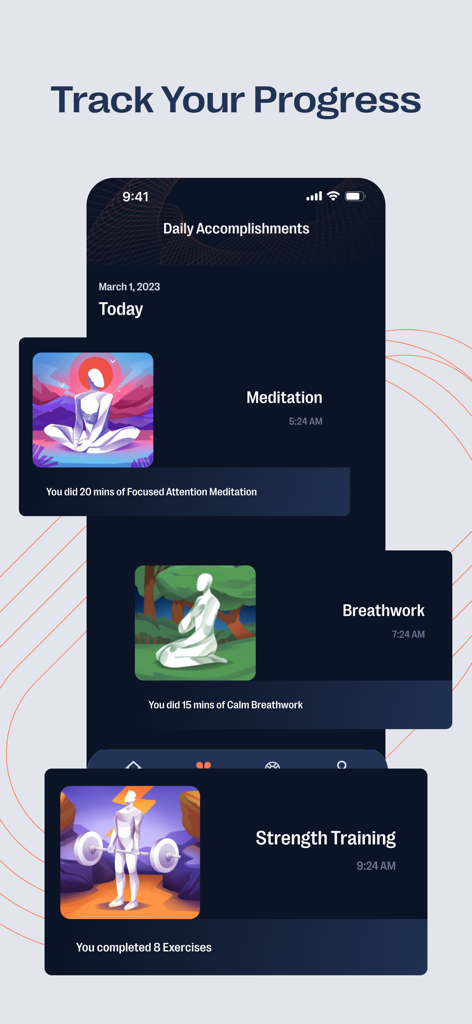 Zenoアプリの毎日の成果画面。瞑想、呼吸法、筋力トレーニングのログを表示。