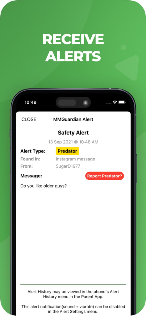 MMGuardian Parental Control - Capture d'écran de l'application MMGuardian montrant une alerte de sécurité pour la détection d'un prédateur dans un message de discussion
