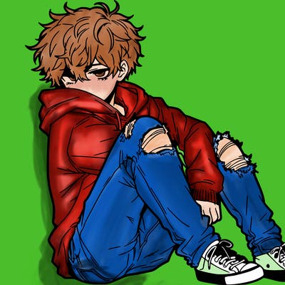 a male hoddie ripped jeans messy hair anime