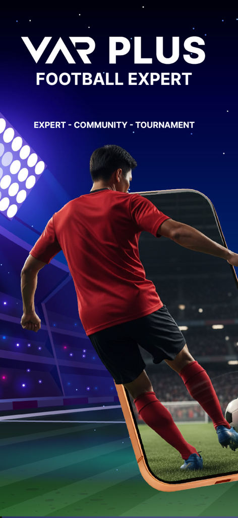 VAR Plus - Football Expert - VAR Plus Football Expert app splash screen with a soccer player and stadium background