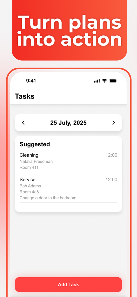 Écran de gestion des tâches pour les gestionnaires immobiliers montrant les services de nettoyage et de maintenance des chambres programmés.