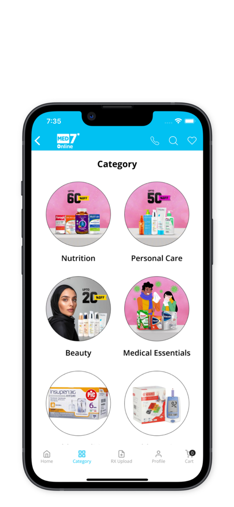 MED7 Online - Categories page of the MED7 Online pharmacy app showing nutrition, personal care, beauty, and medical essentials.