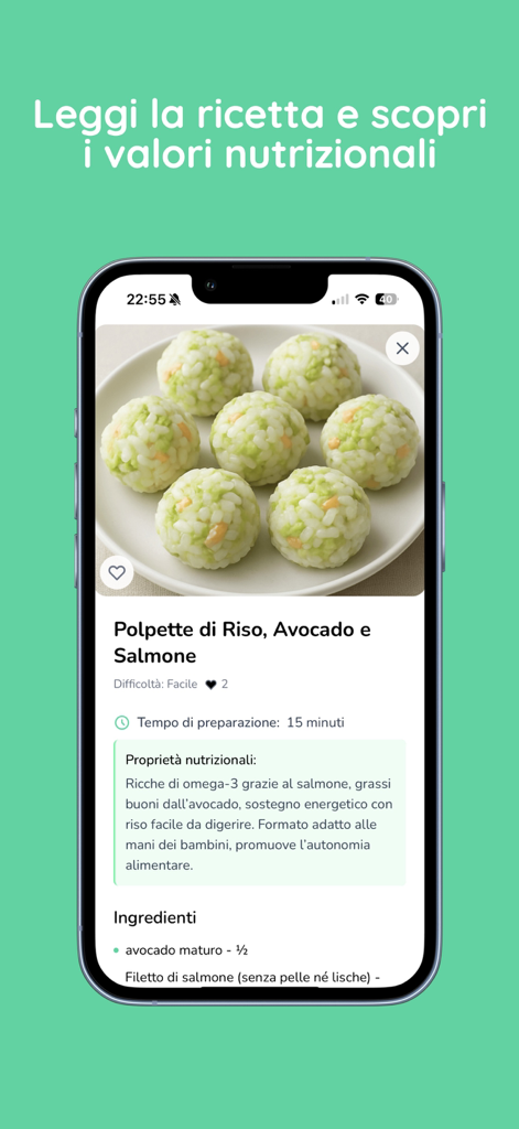 Svezzy - Svezzy app screen showing a healthy baby recipe for rice and salmon balls with nutritional facts