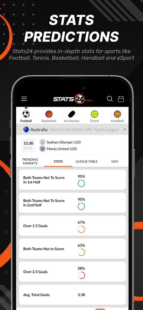 Stats24 app screen displaying football match predictions and statistical probabilities for sports bettors.