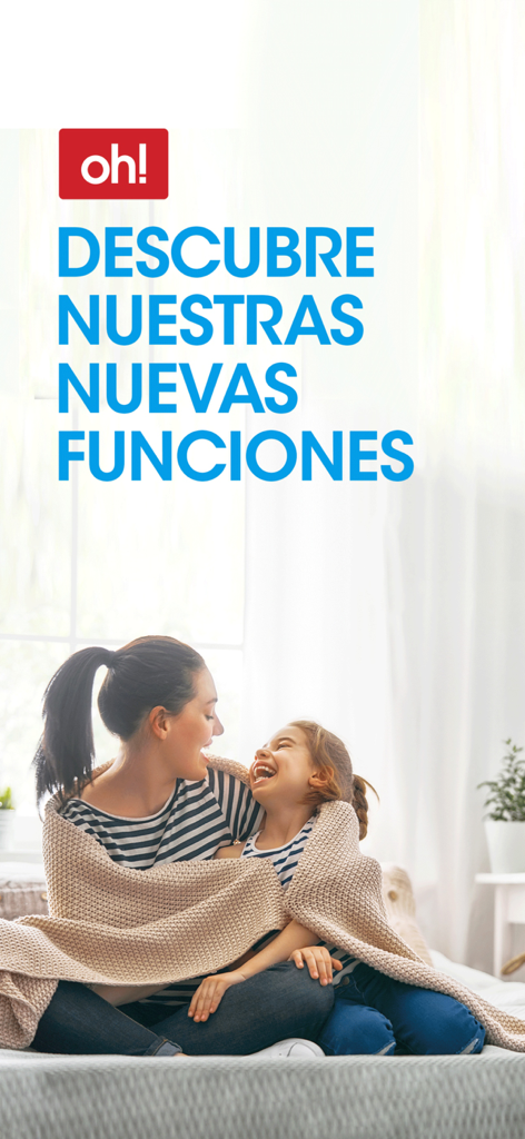Financiera oh! - A mother and daughter laughing together on a bed with the Financiera oh logo and text in Spanish Discover our new functions