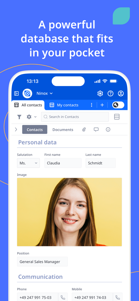 Ninox - Ninox mobile app interface showing a CRM contact profile with personal details and photo on an iPhone.