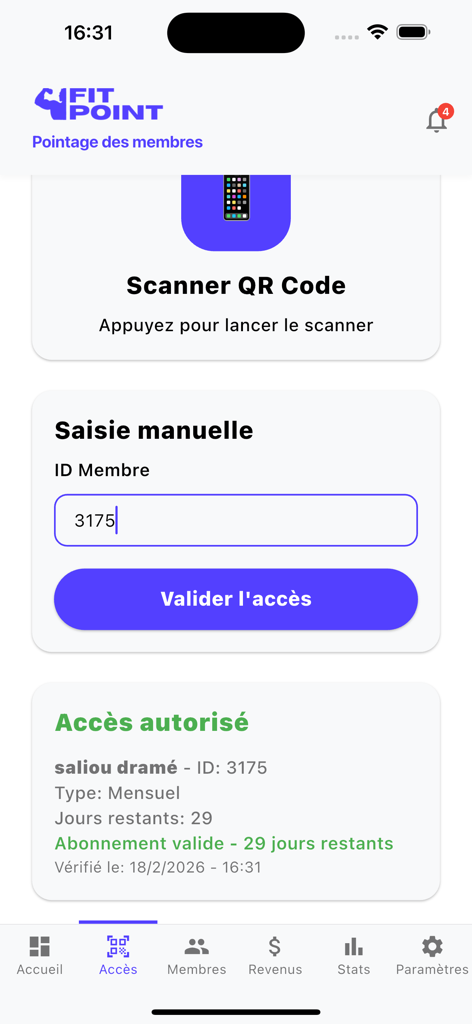 FitPoint mobile app screen showing member check-in options including QR code scanner and manual ID entry for gym access control