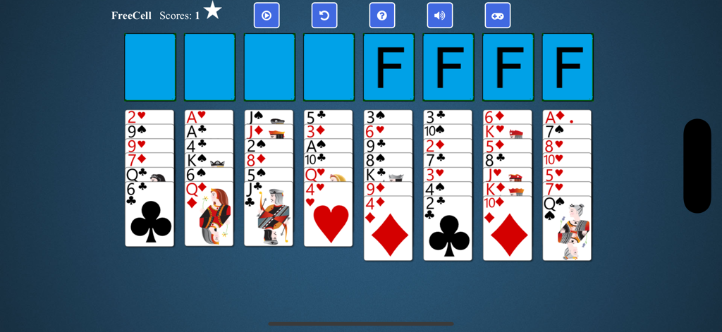 FreeCell Solitaire - - Classic FreeCell Solitaire game layout showing cards dealt into columns on a blue background