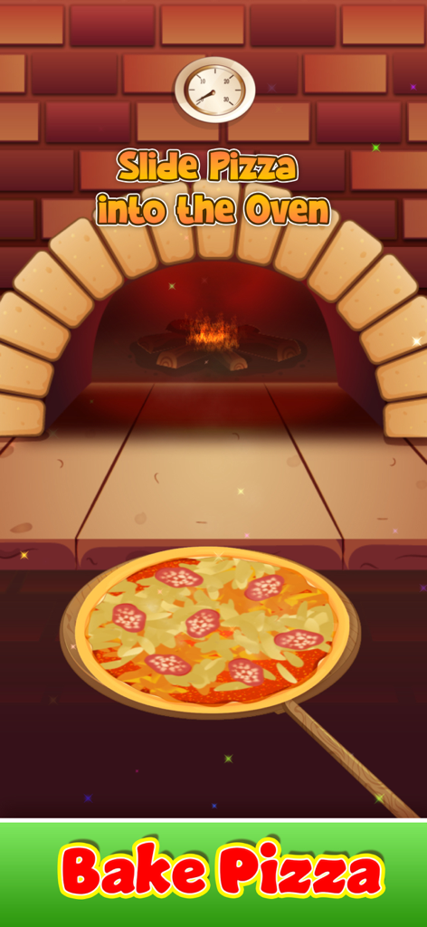 Cooking Games: Pizza Maker - A pepperoni pizza on a paddle being placed into a stone brick oven in a kids cooking game