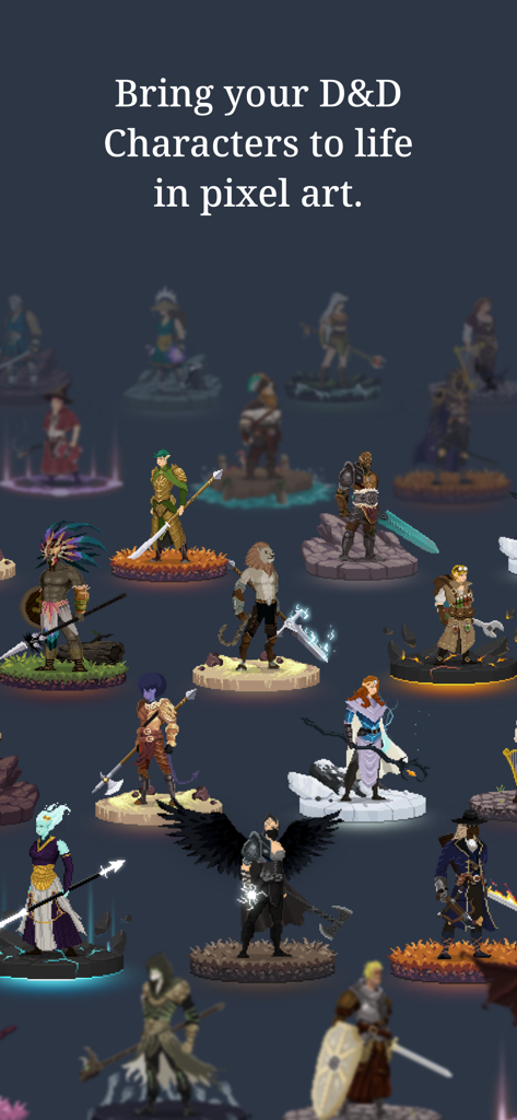 A collection of diverse Dungeons and Dragons characters designed in a pixel art style