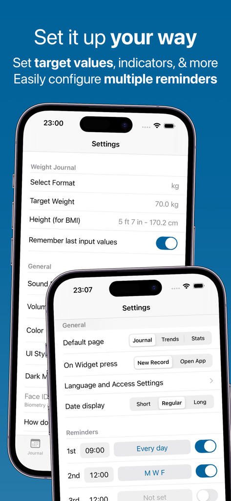 Weight BMI Fat Log Feeltracker - Dos pantallas de iPhone que muestran el menú de configuración y la configuración de recordatorios para la aplicación de salud Feeltracker.