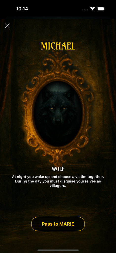 WOLF - Party Game - Wolf role assignment screen for player Michael in the WOLF party game